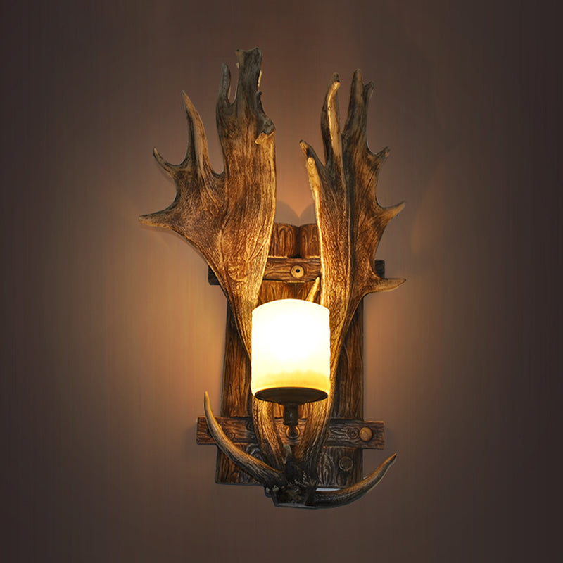 Resin Antler Wall Mount Light Retro 1-Light Restaurant Wall Lighting with Handblown Glass Shade in Brown