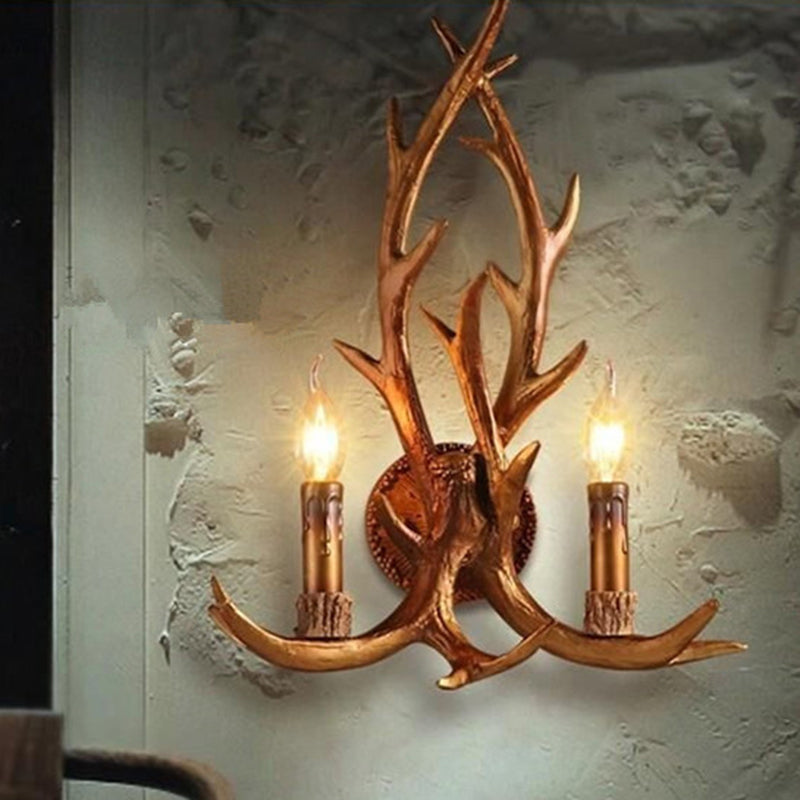 2 Heads Resin Wall Light Classic Brown Deer Horn Restaurant Wall Lighting Fixture with Candle Decor