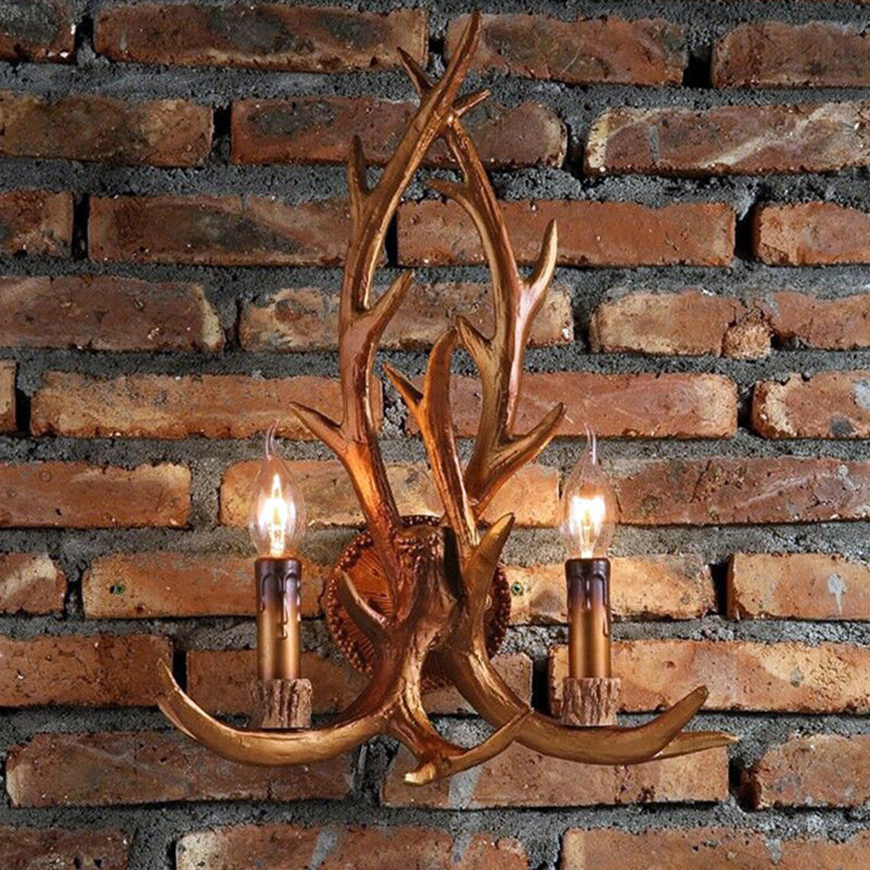 2 Heads Resin Wall Light Classic Brown Deer Horn Restaurant Wall Lighting Fixture with Candle Decor