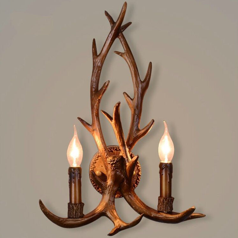 2 Heads Resin Wall Light Classic Brown Deer Horn Restaurant Wall Lighting Fixture with Candle Decor