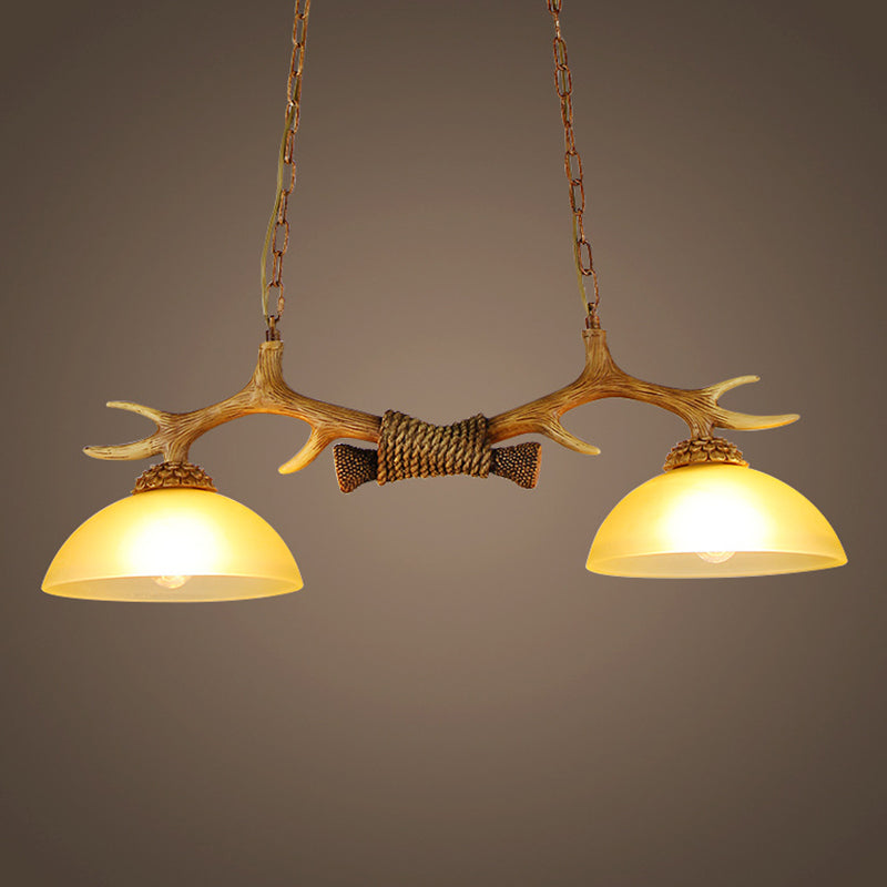 2 Bulbs Pendant Light Retro Dome Beige Glass Hanging Island Light with Decorative Deer Horn