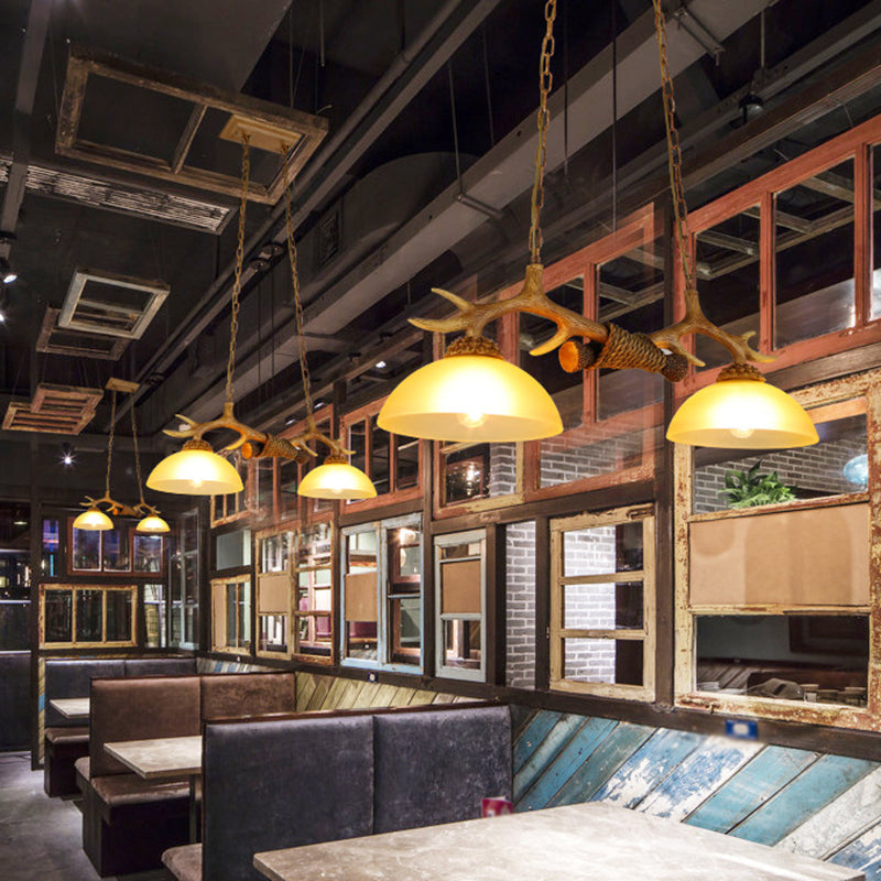 2 Bulbs Pendant Light Retro Dome Beige Glass Hanging Island Light with Decorative Deer Horn