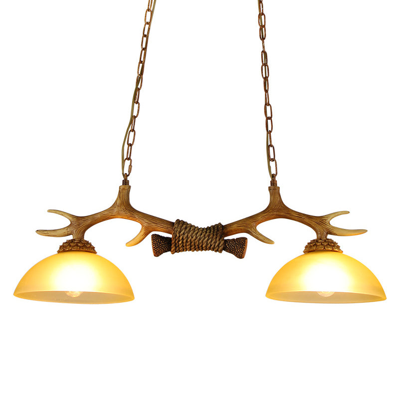 2 Bulbs Pendant Light Retro Dome Beige Glass Hanging Island Light with Decorative Deer Horn