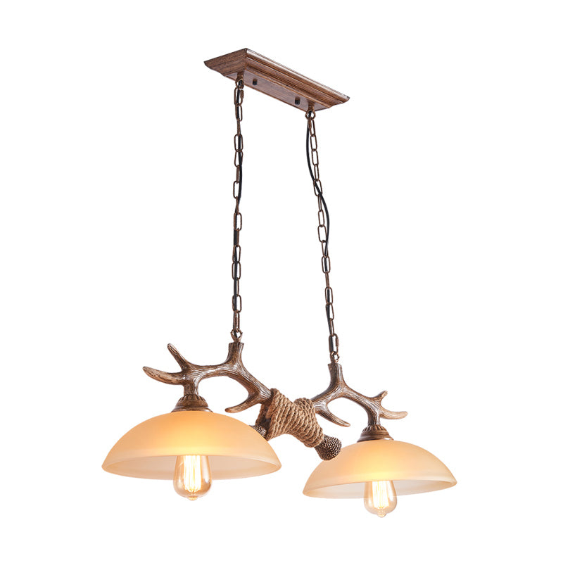 Bowl Shaped Beige Glass Island Pendant Light Rustic 2 Bulbs Restaurant Ceiling Light with Antler Decor in Brown