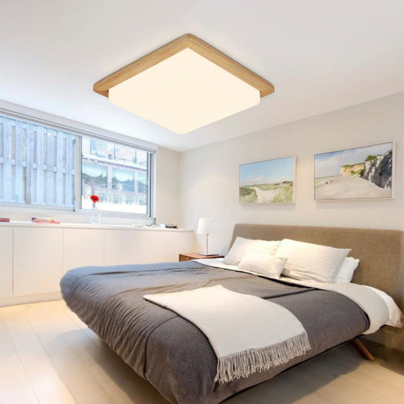 Square Ceiling Mounted Light Modernism Acrylic Beige LED Flush Mount Lamp with Wood Canopy in White/Warm Light, 12.5"/14"/18"/22"/26" Wide