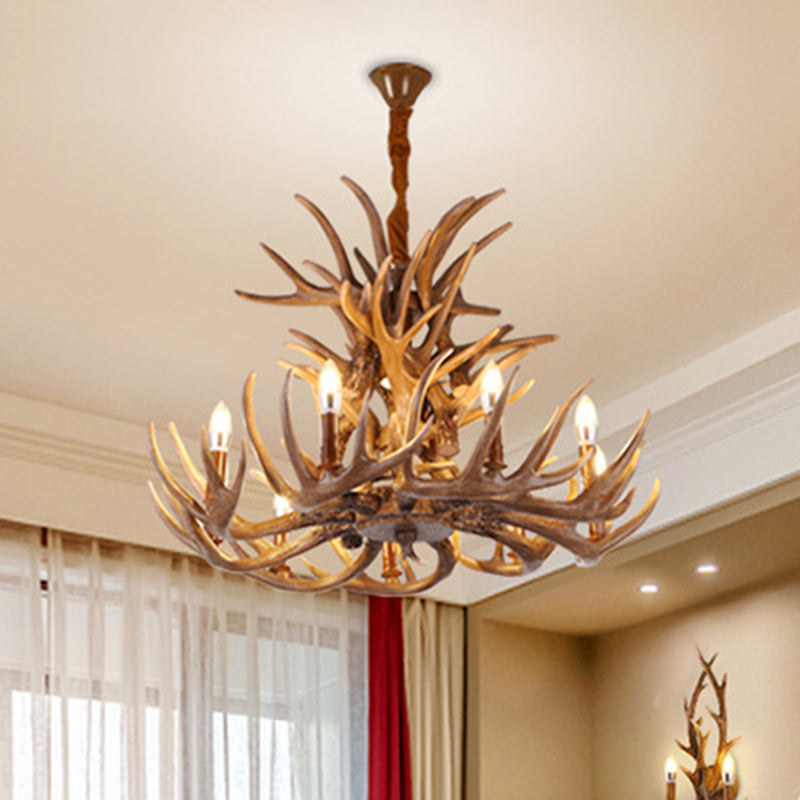 Brown Deer Horn Ceiling Lighting Traditional Resin Living Room Chandelier Light Fixture