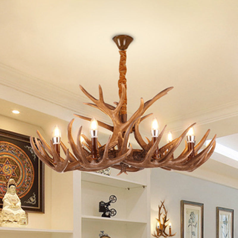 Brown Deer Horn Ceiling Lighting Traditional Resin Living Room Chandelier Light Fixture