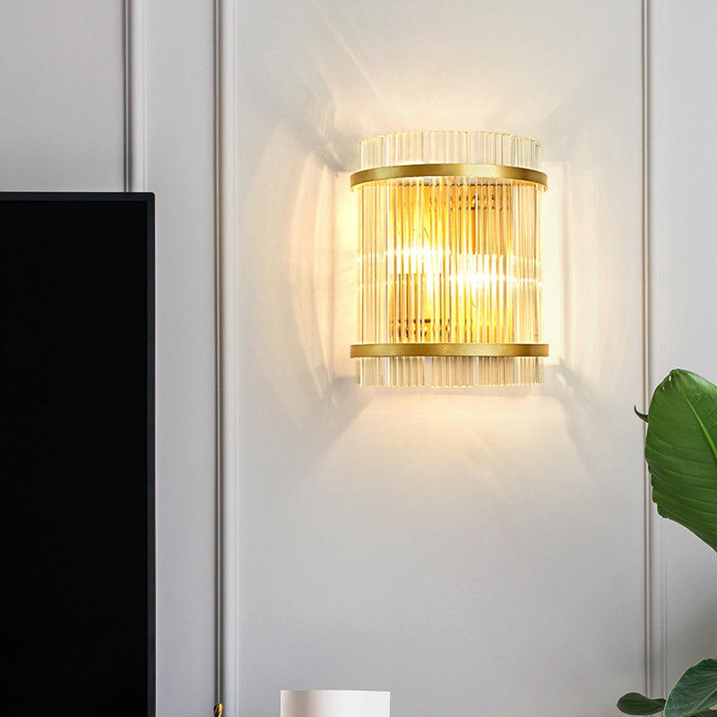 Half Cylinder Living Room Wall Mount Light Ribbed Glass 2 Bulbs Modern Wall Sconce Light in Gold