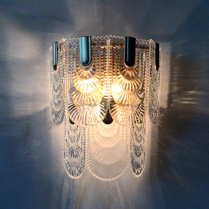 Tiered Scalloped Crystal Wall Light Minimalist 3 Bulbs Brass Wall Lighting Fixture