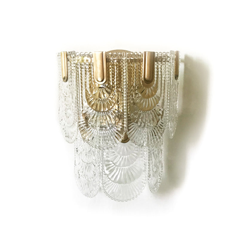 Tiered Scalloped Crystal Wall Light Minimalist 3 Bulbs Brass Wall Lighting Fixture