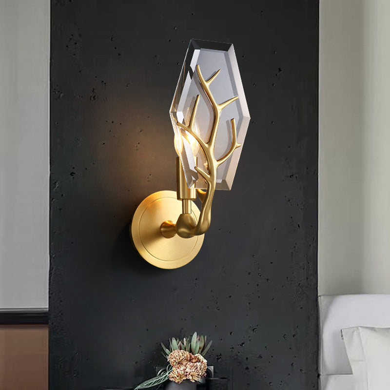 Artistic Hexagonal Shape Wall Lamp Crystal Single Living Room Wall Light Fixture in Brass