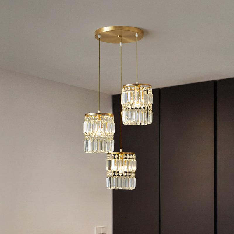 Contemporary Cylinder Hanging Pendant Tri-Prism Crystal 3 Heads Dining Room Multi Light Chandelier in Brass