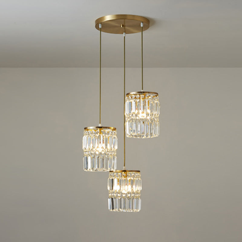 Contemporary Cylinder Hanging Pendant Tri-Prism Crystal 3 Heads Dining Room Multi Light Chandelier in Brass