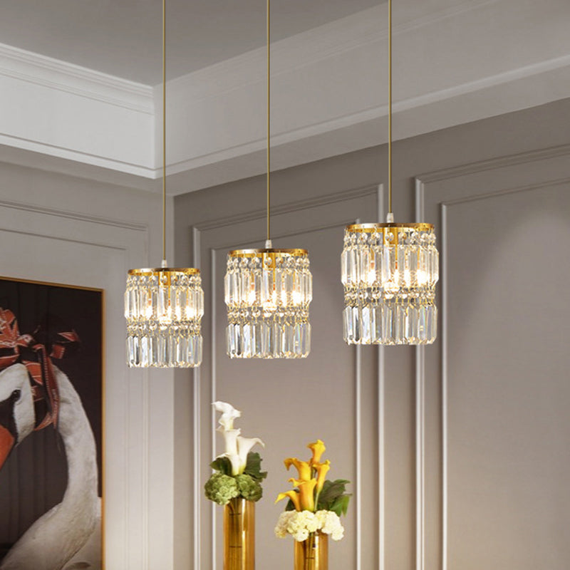 Contemporary Cylinder Hanging Pendant Tri-Prism Crystal 3 Heads Dining Room Multi Light Chandelier in Brass