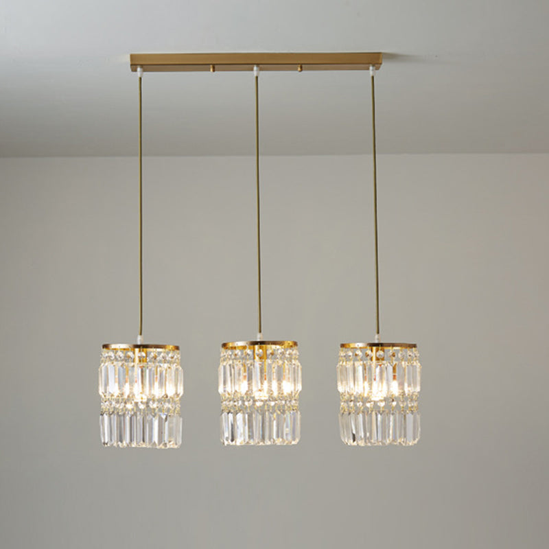 Contemporary Cylinder Hanging Pendant Tri-Prism Crystal 3 Heads Dining Room Multi Light Chandelier in Brass