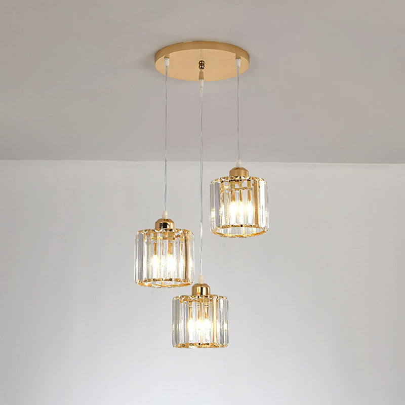 Cube Shaped Multi Ceiling Lamp Simplicity Crystal 3 Bulbs Dining Room Suspension Light Fixture in Gold