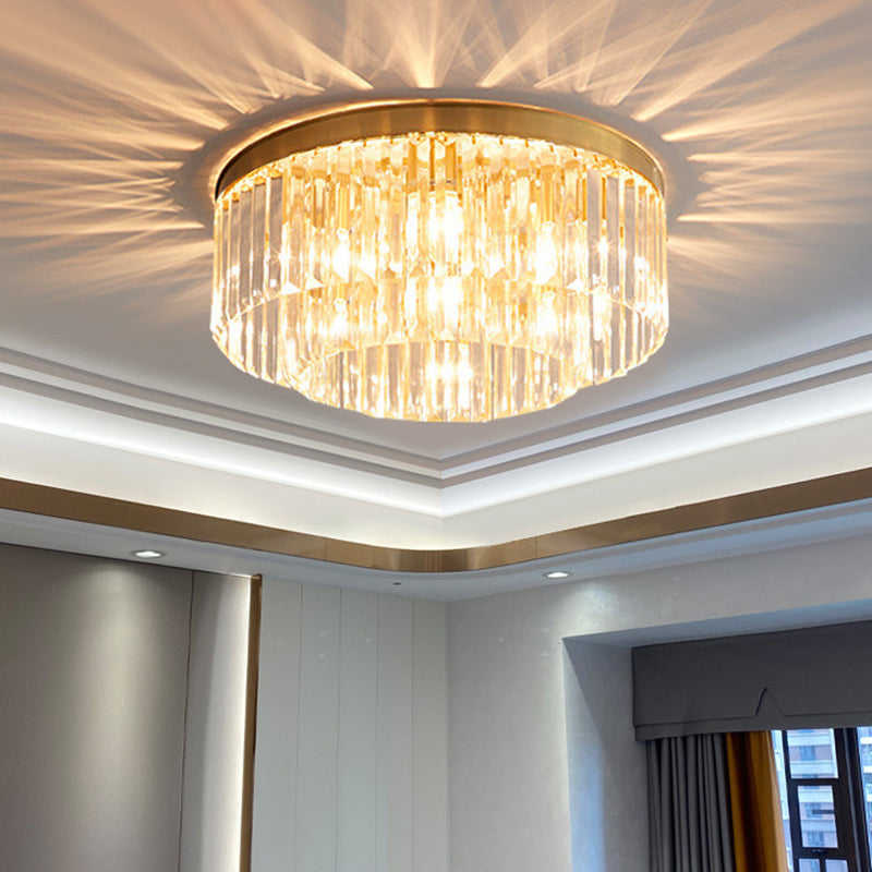 Drum Tri-Prism Crystal Flush Mount Lighting Minimalist Gold Flush Mount Fixture for Living Room
