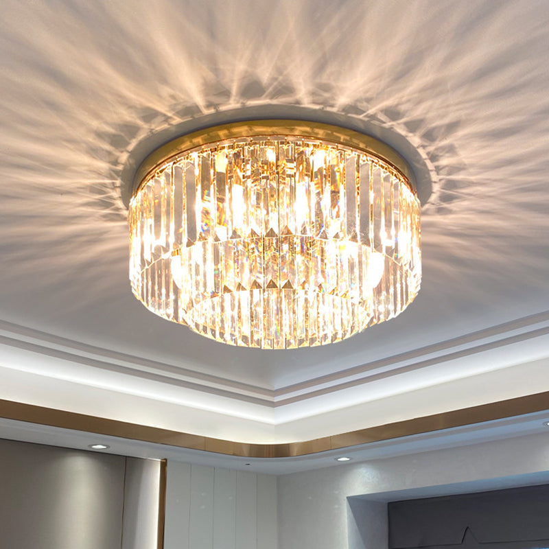 Drum Tri-Prism Crystal Flush Mount Lighting Minimalist Gold Flush Mount Fixture for Living Room