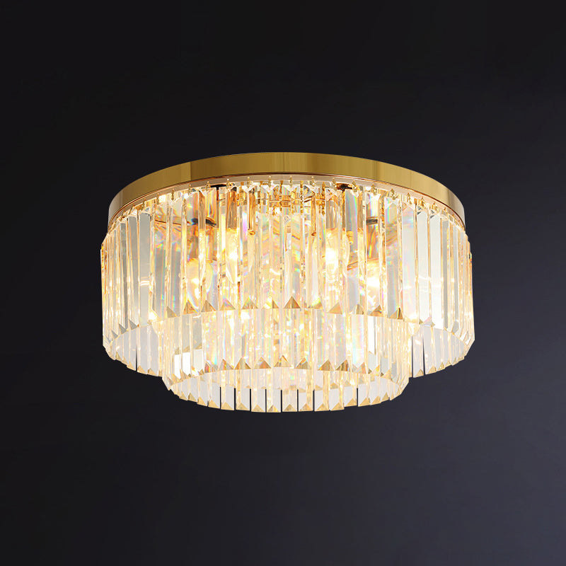 Drum Tri-Prism Crystal Flush Mount Lighting Minimalist Gold Flush Mount Fixture for Living Room