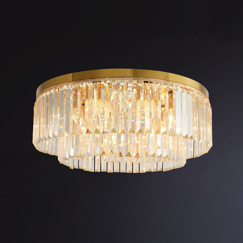 Drum Tri-Prism Crystal Flush Mount Lighting Minimalist Gold Flush Mount Fixture for Living Room