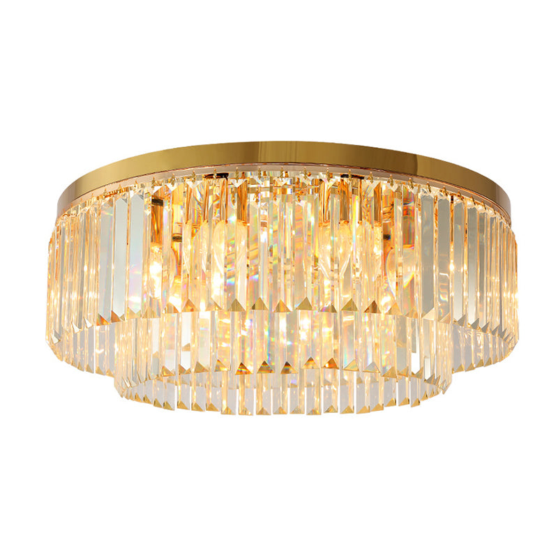Drum Tri-Prism Crystal Flush Mount Lighting Minimalist Gold Flush Mount Fixture for Living Room