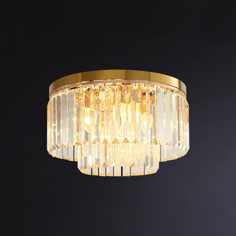 Drum Tri-Prism Crystal Flush Mount Lighting Minimalist Gold Flush Mount Fixture for Living Room