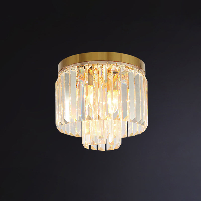 Drum Tri-Prism Crystal Flush Mount Lighting Minimalist Gold Flush Mount Fixture for Living Room