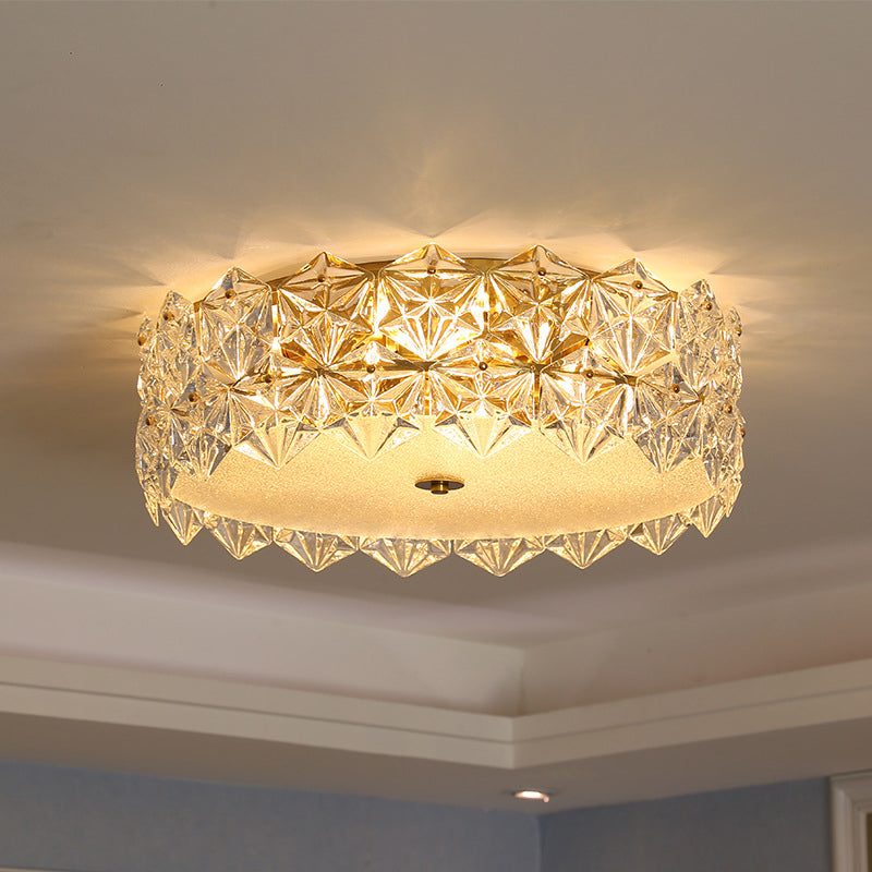 Contemporary Drum Flush Ceiling Light Snowflake Crystal Living Room Flushmount Ceiling Light in Clear