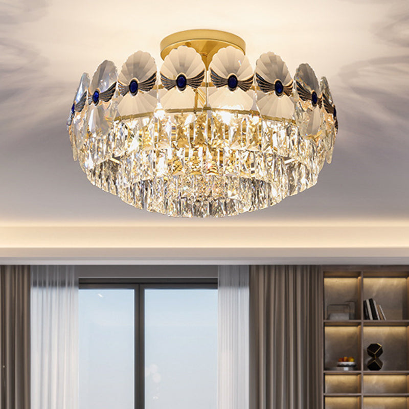 Tiered Semi Flush Light Artistic Beveled Crystal Living Room Flush Ceiling Light Fixture in Gold