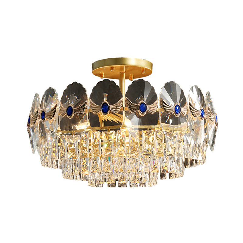 Tiered Semi Flush Light Artistic Beveled Crystal Living Room Flush Ceiling Light Fixture in Gold