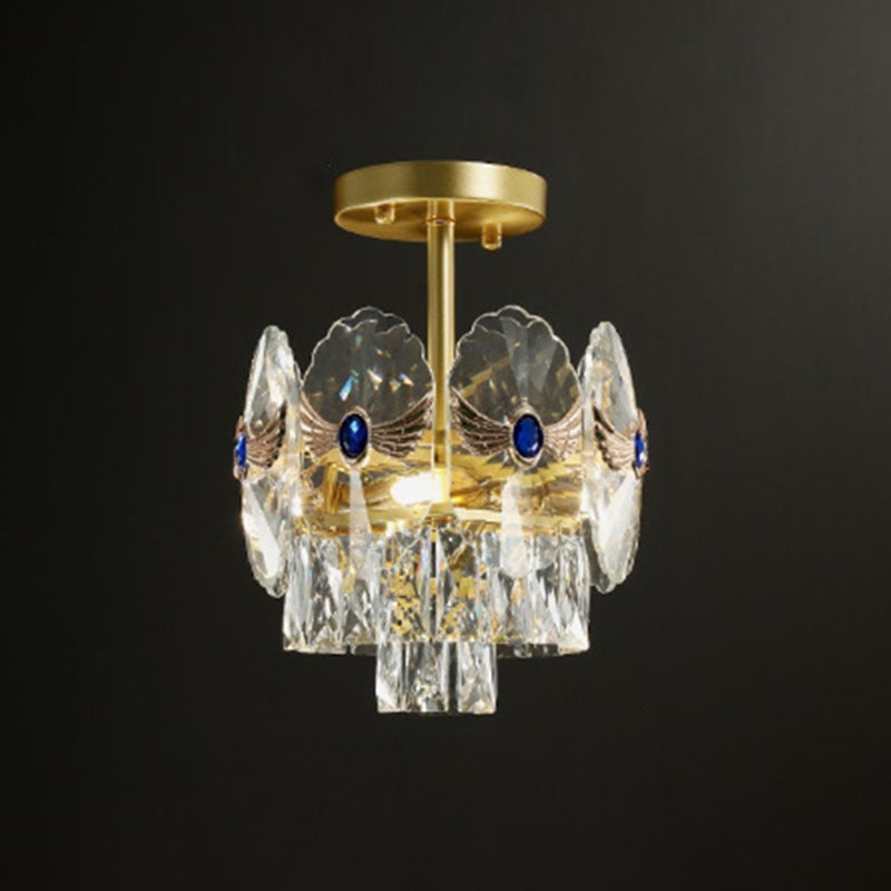Tiered Semi Flush Light Artistic Beveled Crystal Living Room Flush Ceiling Light Fixture in Gold