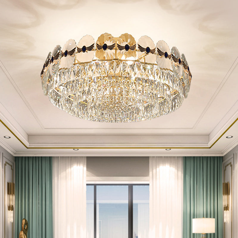 Tiered Semi Flush Light Artistic Beveled Crystal Living Room Flush Ceiling Light Fixture in Gold