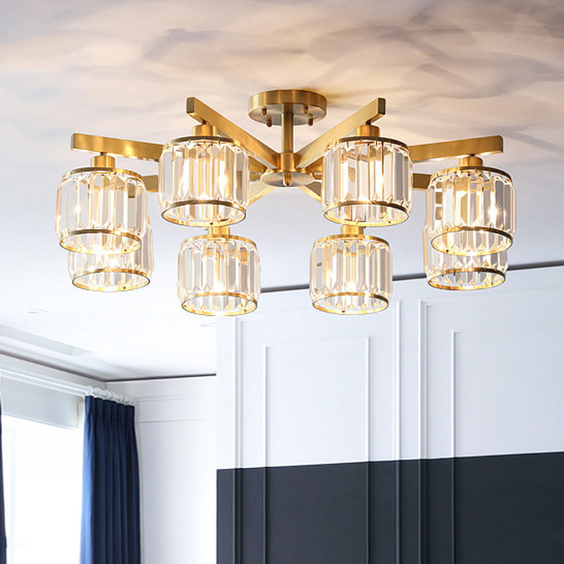 Radial Metallic Semi Flush Light Modern Gold Ceiling Flush Mount with Cylinder Tri-Prism Crystal Shade