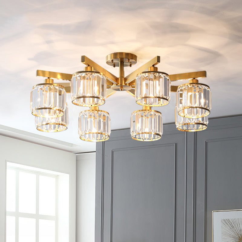 Radial Metallic Semi Flush Light Modern Gold Ceiling Flush Mount with Cylinder Tri-Prism Crystal Shade