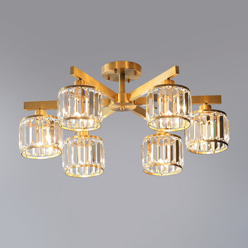 Radial Metallic Semi Flush Light Modern Gold Ceiling Flush Mount with Cylinder Tri-Prism Crystal Shade