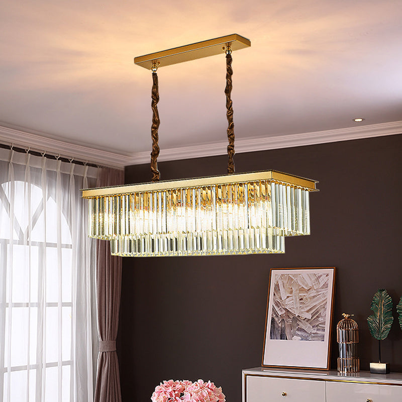 2-Tier Rectangle Living Room Pendant Light Tri-Prism Crystal Artistic Hanging Island Light