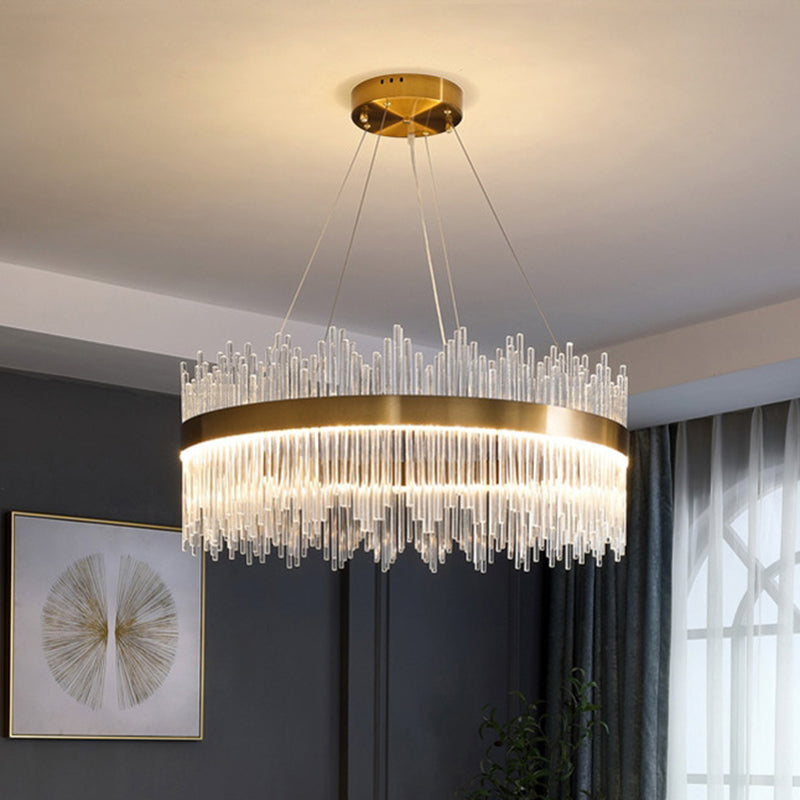 Crystal Rod Circle LED Suspension Light Artistic Gold Chandelier Light in Gold for Living Room