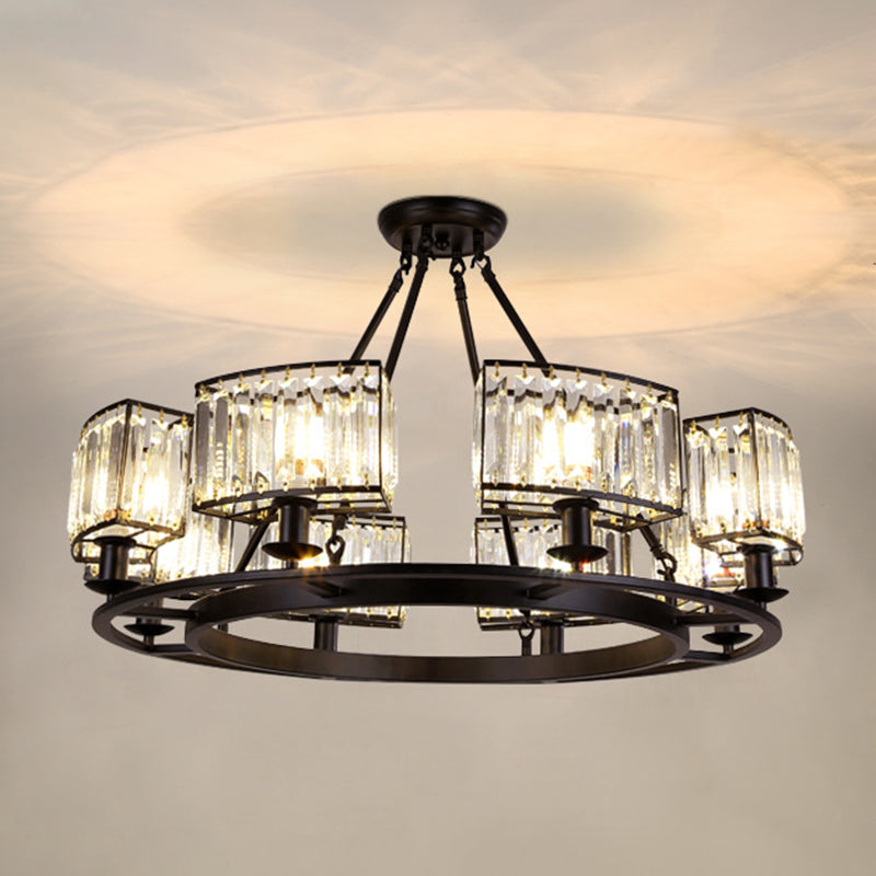 Artistic Ring Shaped Suspension Light Clear Crystal Living Room Chandelier Light in Black