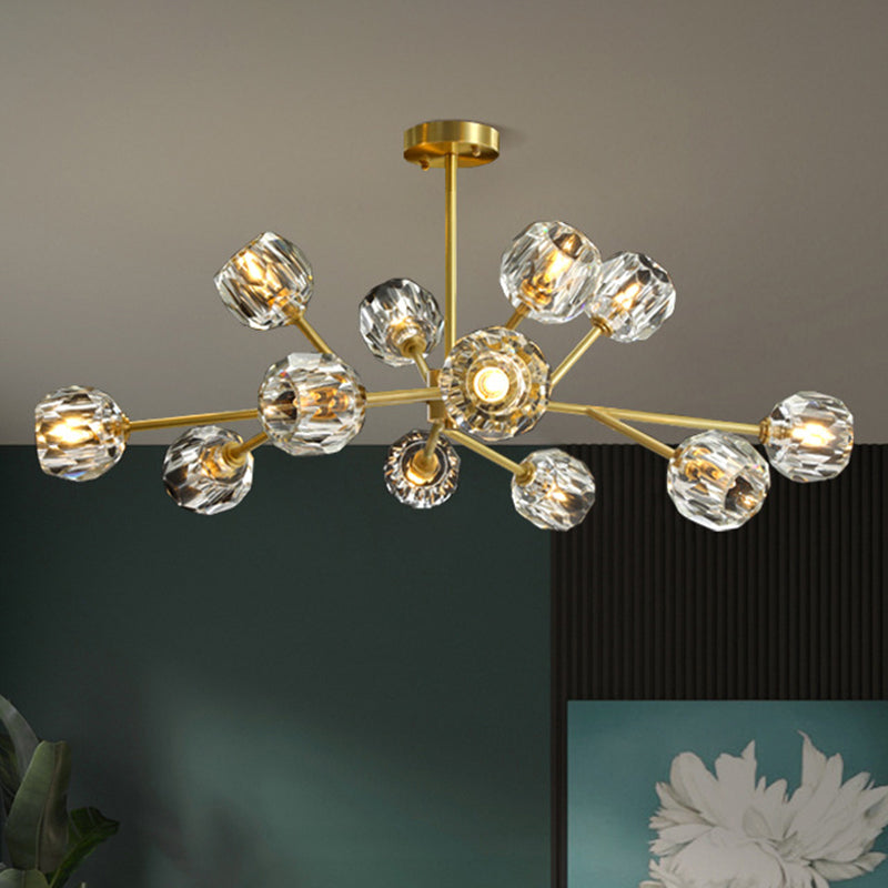 Branch Living Room Suspension Light Metal Artistic Chandelier Light with Faceted Crystal Shade in Gold