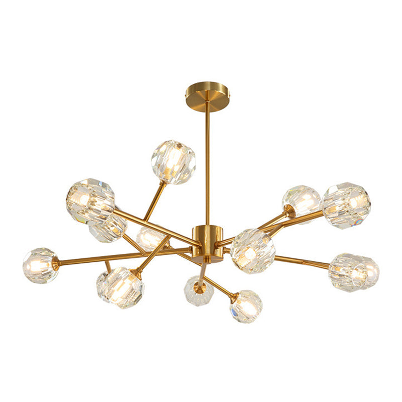 Branch Living Room Suspension Light Metal Artistic Chandelier Light with Faceted Crystal Shade in Gold
