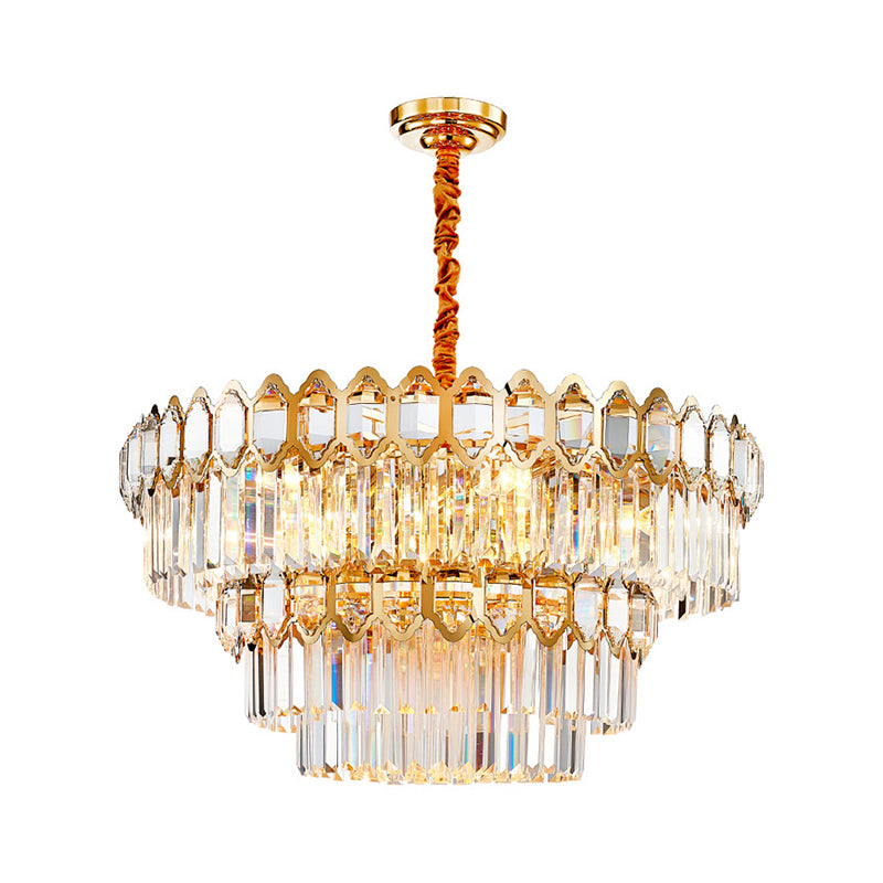 Tiered Round Suspension Light Artistic Prismatic Crystal Gold Pendant Light for Living Room