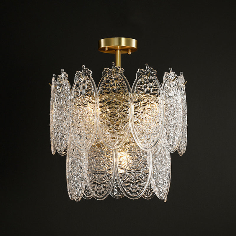 Post-Modern Oval Shaped Chandelier Pendant Light Textured Glass Living Room Hanging Light in Gold