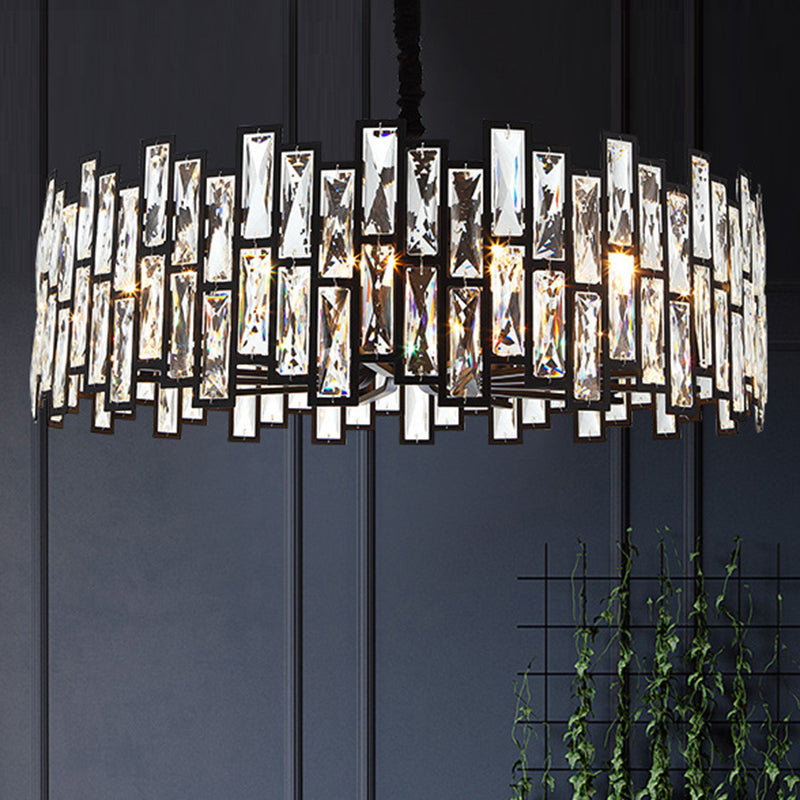 Drum Shaped Beveled Crystal Chandelier Lighting Minimalist Black Pendant Light for Living Room