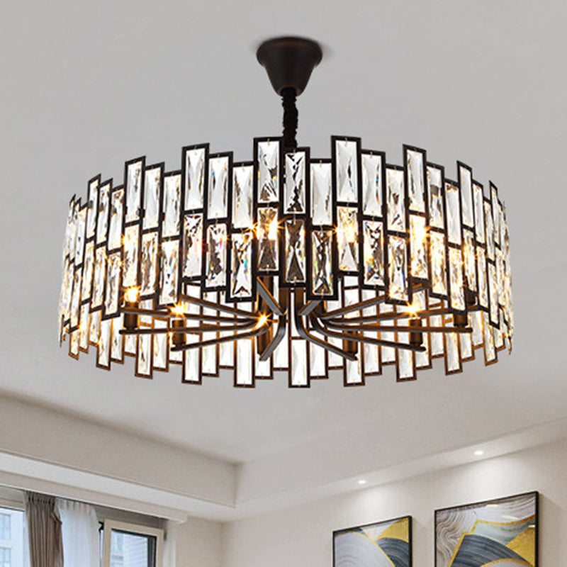 Drum Shaped Beveled Crystal Chandelier Lighting Minimalist Black Pendant Light for Living Room