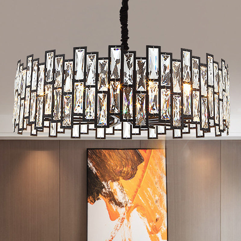 Drum Shaped Beveled Crystal Chandelier Lighting Minimalist Black Pendant Light for Living Room