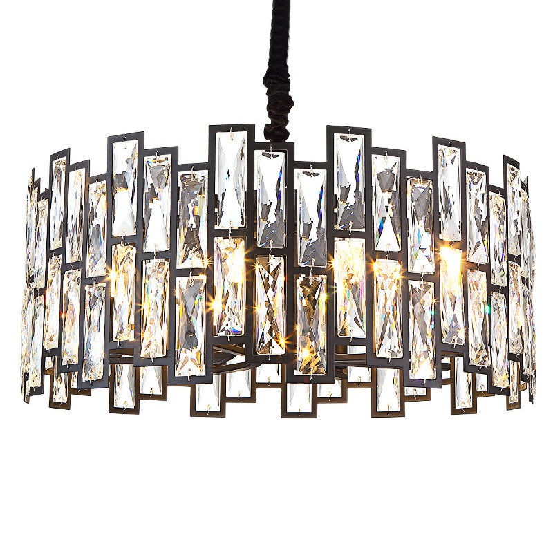 Drum Shaped Beveled Crystal Chandelier Lighting Minimalist Black Pendant Light for Living Room