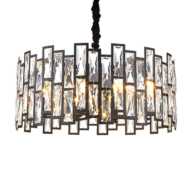 Drum Shaped Beveled Crystal Chandelier Lighting Minimalist Black Pendant Light for Living Room