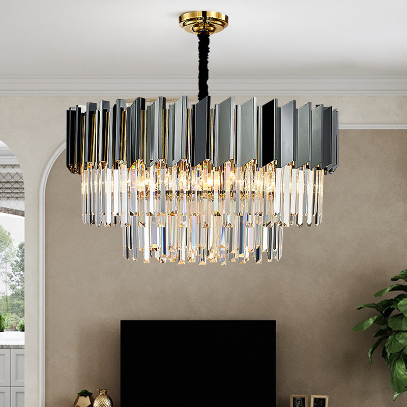 Tiered Suspension Light Artistic Strip Crystal Black Chandelier Light for Living Room