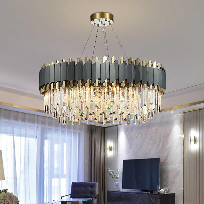Post-Modern Layered Chandelier Pendant Light Strip Crystal Living Room Hanging Light in Gold-Black