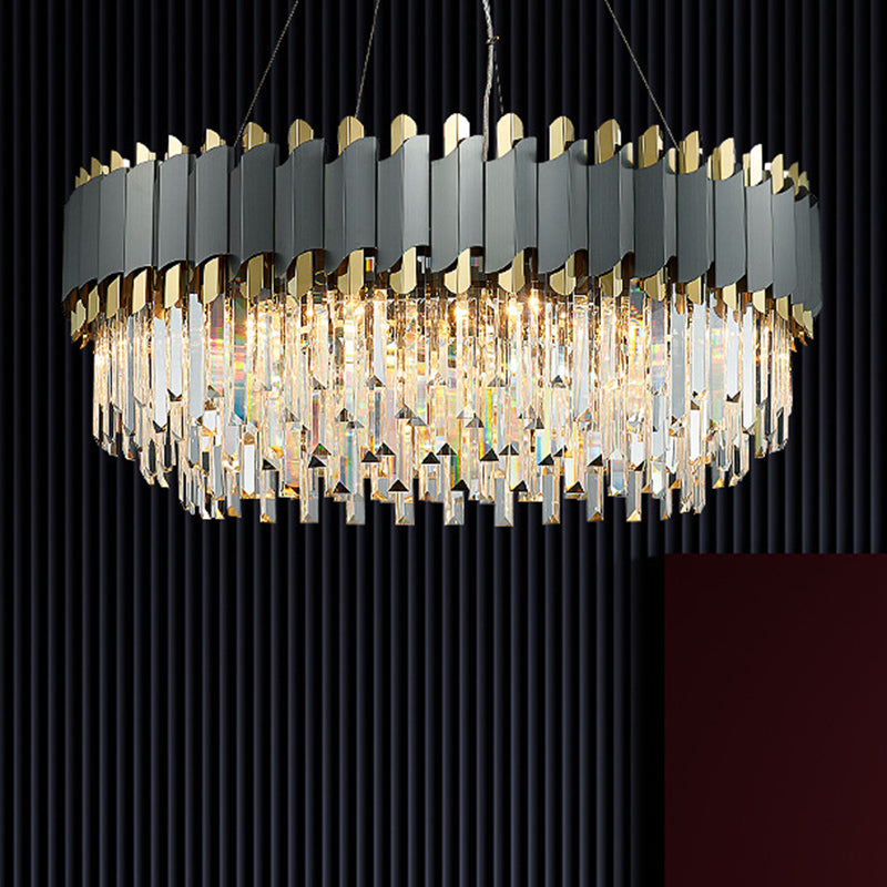 Post-Modern Layered Chandelier Pendant Light Strip Crystal Living Room Hanging Light in Gold-Black